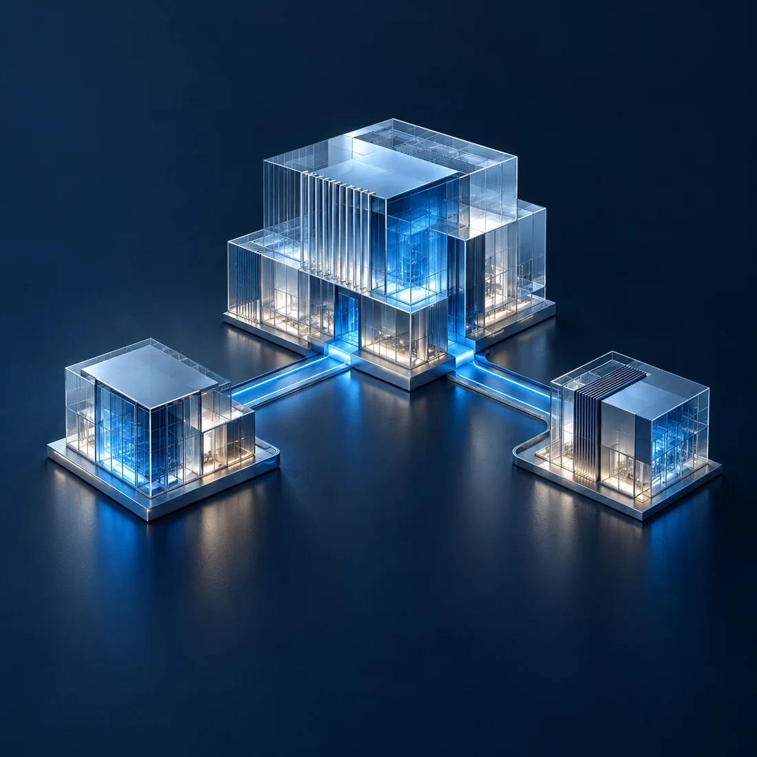 Conceptual illustration of glass structures linked by illuminated pathways, representing connected business systems.