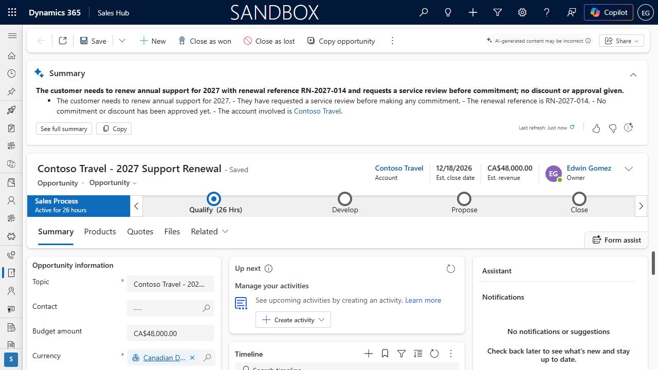 Dynamics 365 opportunity shows the saved December 18, 2026 close date