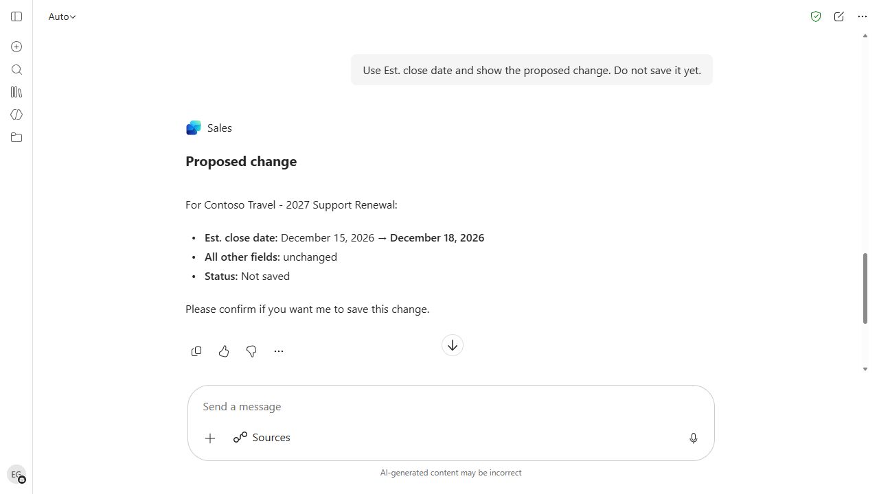 Sales agent presents the proposed close-date change and waits for confirmation