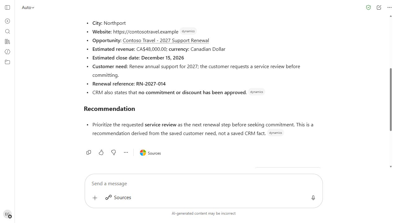 Sales agent retrieves the fictional account, renewal amount, close date, and unique reference